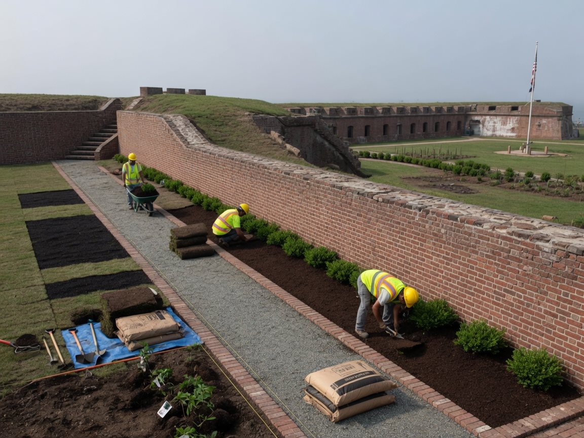 Illustrative: landscaping crew planting and mulching along brick walls at a historic fort grounds renovation