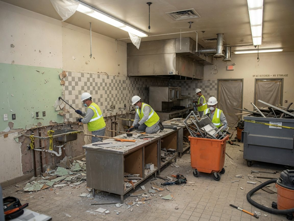 Illustrative: crew demolishing finishes and equipment in a commercial military dining-facility kitchen