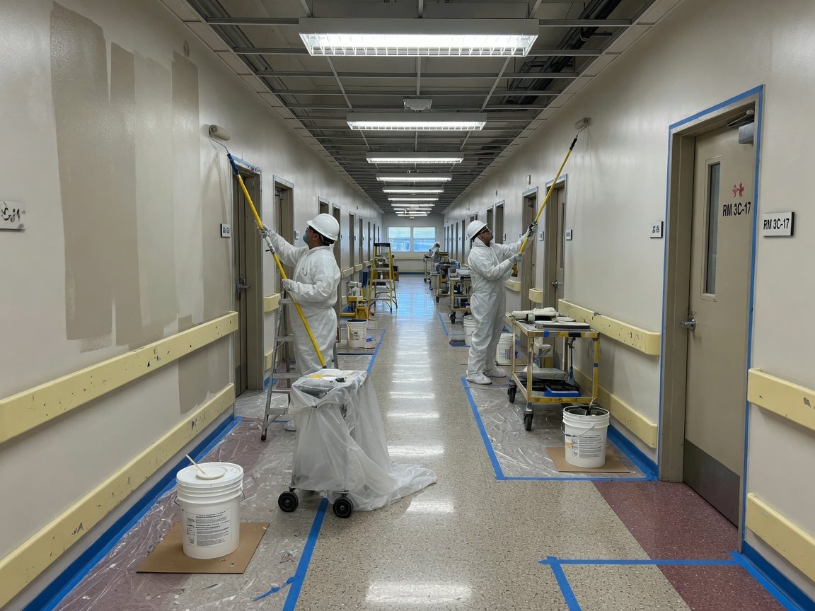 Illustrative: painters refinishing walls in a long institutional medical-center corridor