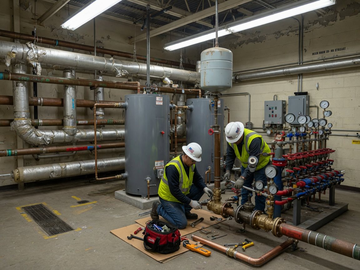 Illustrative: tradespeople repairing commercial hot water piping and valves in a mechanical room